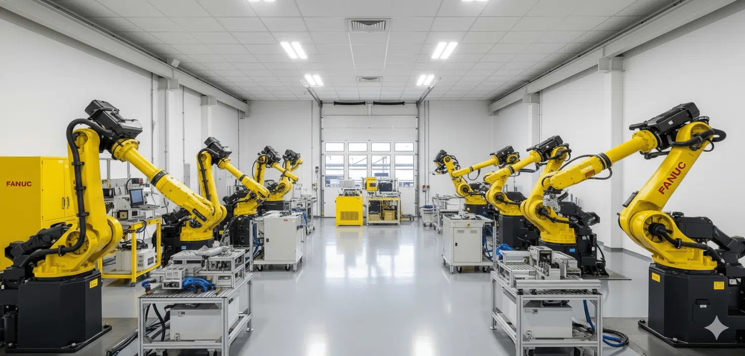 Used industrial Fanuc and Universal Robots displayed in a clean warehouse environment – Universal Robotic Inc.