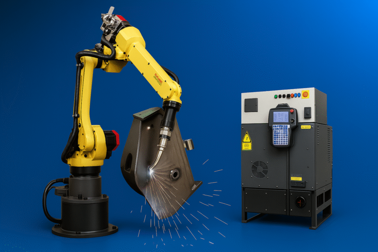 Used FANUC industrial welding robot with controller performing weld operation in a clean studio setup