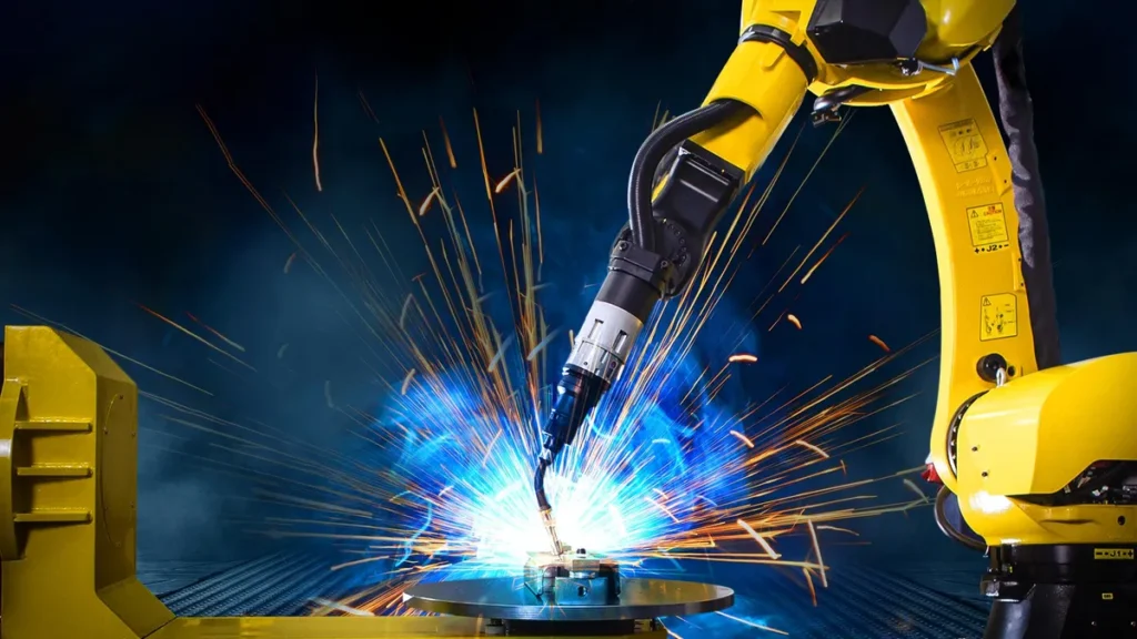 Industrial robotic welding arm performing welding