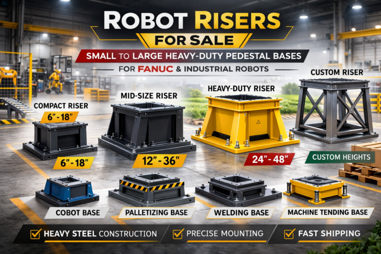 Industrial steel robot riser base for FANUC robot mounted in factory environment