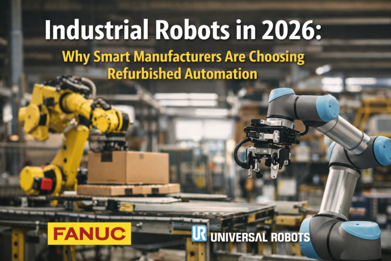 Refurbished industrial robots including FANUC palletizing robot and UR10 cobot in warehouse automation setting